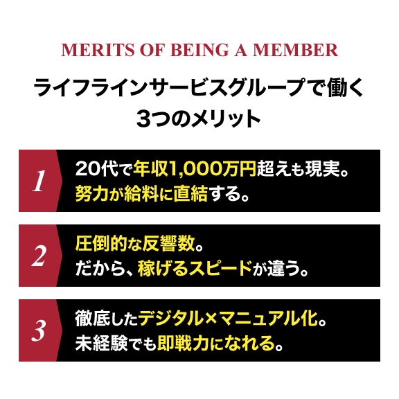 ライフラインサービスグループで働く3つのメリット：20代で年収1,000万円超えも現実、圧倒的な反響数、徹底したデジタル×マニュアル化